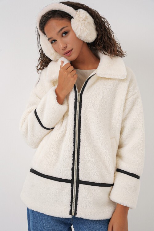 Merterium 5173 Astarlı Peluş Ceket - Ekru