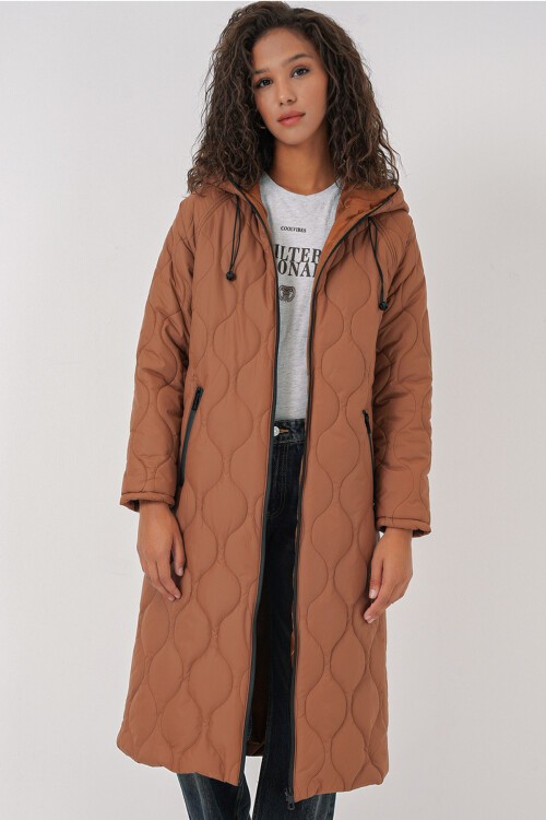 Merterium 5177 Kapüşonlu Uzun Kapitone Mont - Taba