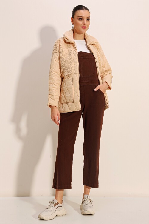 Merterium 5182 Peluş Detaylı Oversize Şişme Mont - Bej