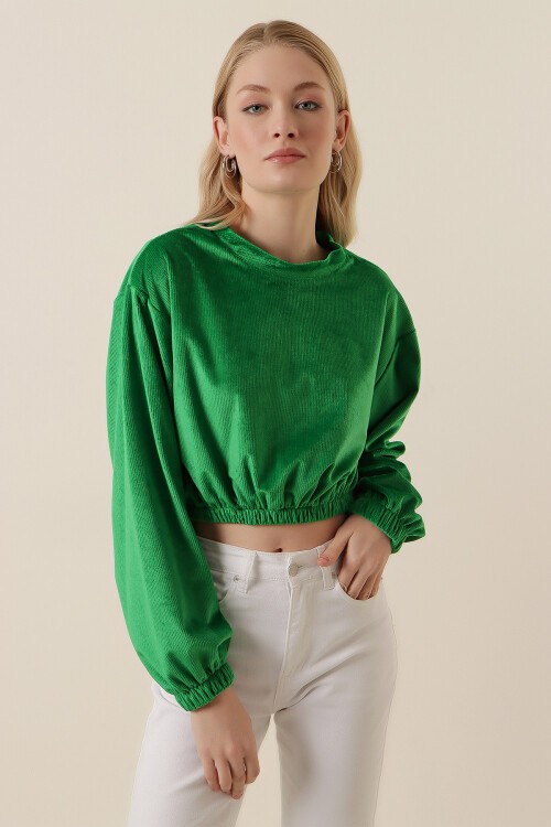Merterium 55392 Kadife Crop Bluz - Yeşil