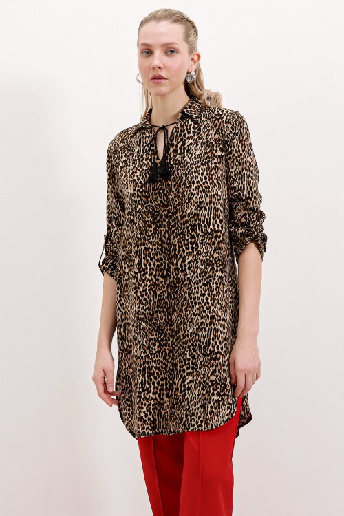 Merterium 5613 Yaka Bağcıklı Çizgili Tunik - A.Kahve