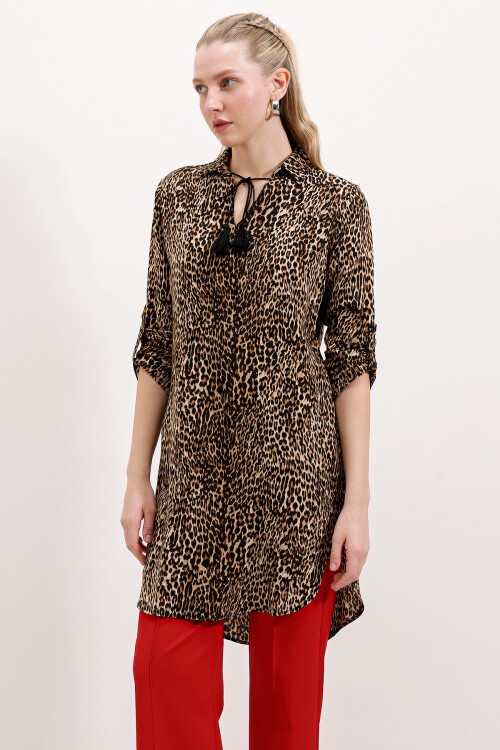 Merterium 5613 Yaka Bağcıklı Çizgili Tunik - A.Kahve