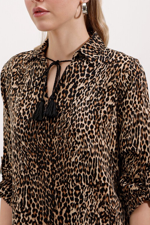 Merterium 5613 Yaka Bağcıklı Çizgili Tunik - A.Kahve