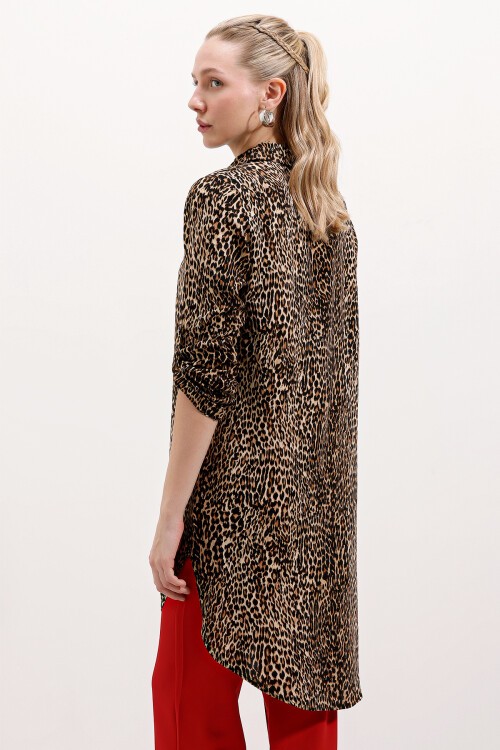 Merterium 5613 Yaka Bağcıklı Çizgili Tunik - A.Kahve