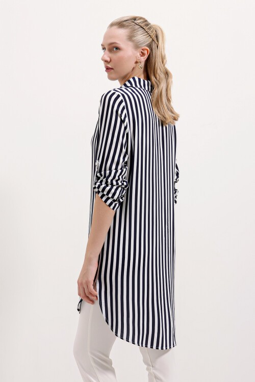 Merterium 5613 Yaka Bağcıklı Çizgili Tunik - Lacivert