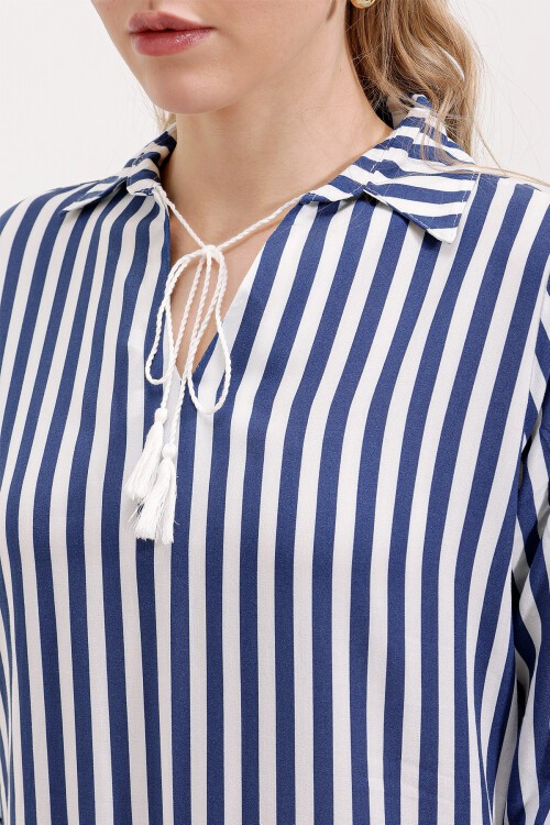 Merterium 5613 Yaka Bağcıklı Çizgili Tunik - Mavi