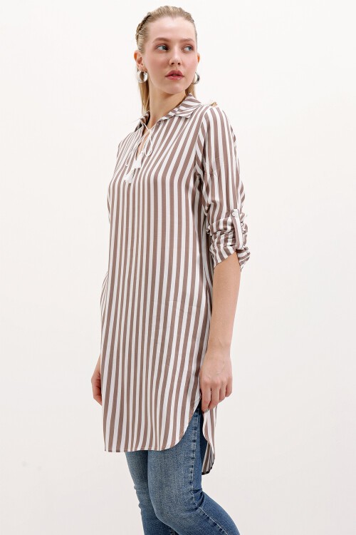 Merterium 5613 Yaka Bağcıklı Çizgili Tunik - Vizon