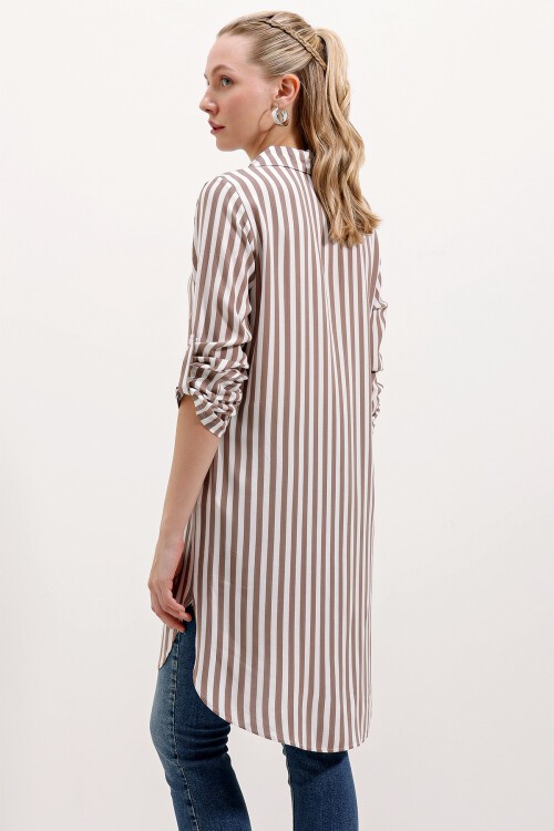 Merterium 5613 Yaka Bağcıklı Çizgili Tunik - Vizon