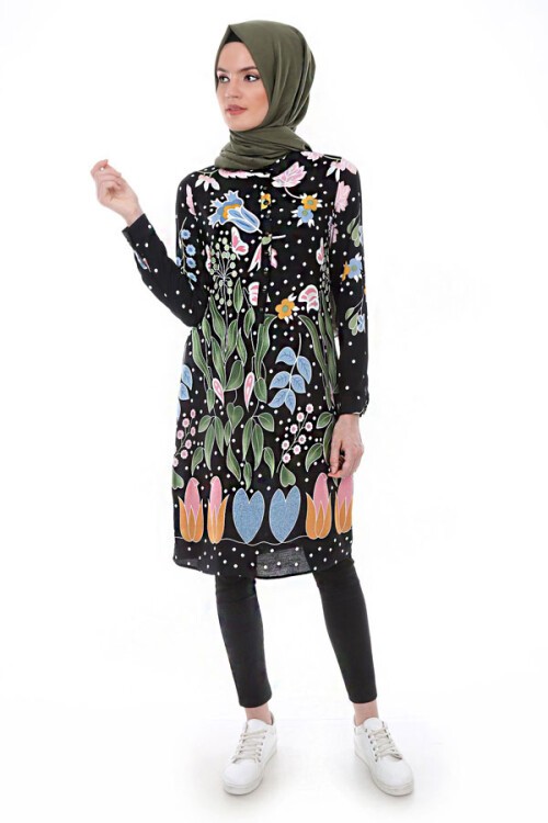 Merterium 5714 HAKİM YAKA TOP DÜĞMELİ TUNİK - F. Siyah