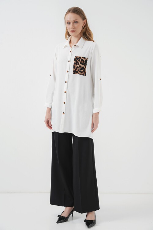Merterium 5851 Cep Detaylı Gömlek Tunik - Beyaz