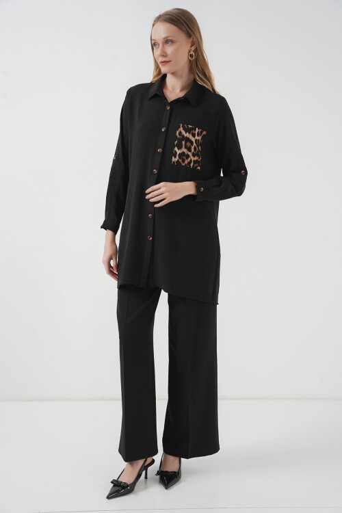 Merterium 5851 Cep Detaylı Gömlek Tunik - Siyah