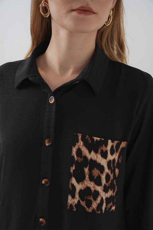 Merterium 5851 Cep Detaylı Gömlek Tunik - Siyah