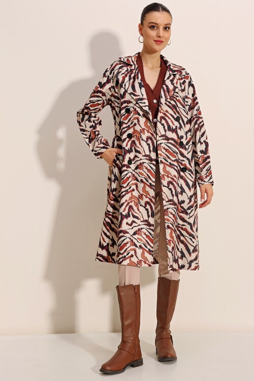 Merterium 5853 Desenli Kruvaze Yaka Trençkot - C. Bej