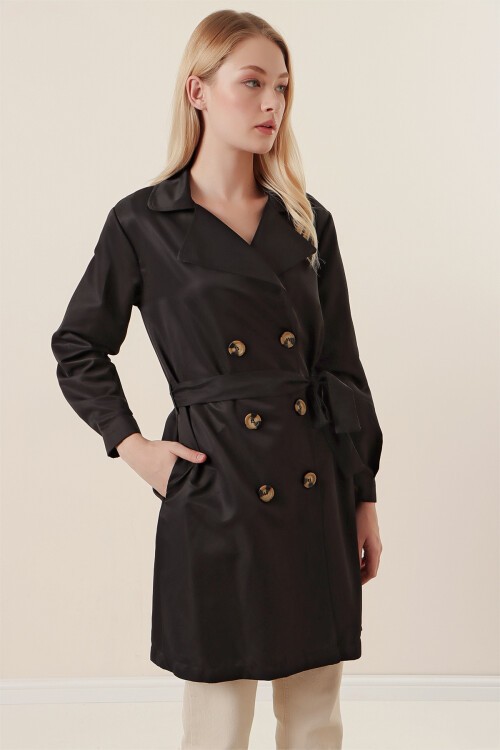 Merterium 5864 Kruvaze Yaka Kısa Trençkot - Siyah