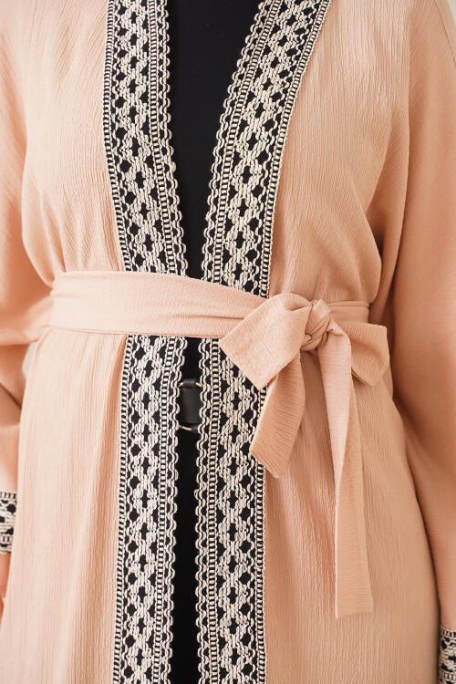 Merterium 5865 Nakışlı Örme Uzun Kimono - Bisküvi