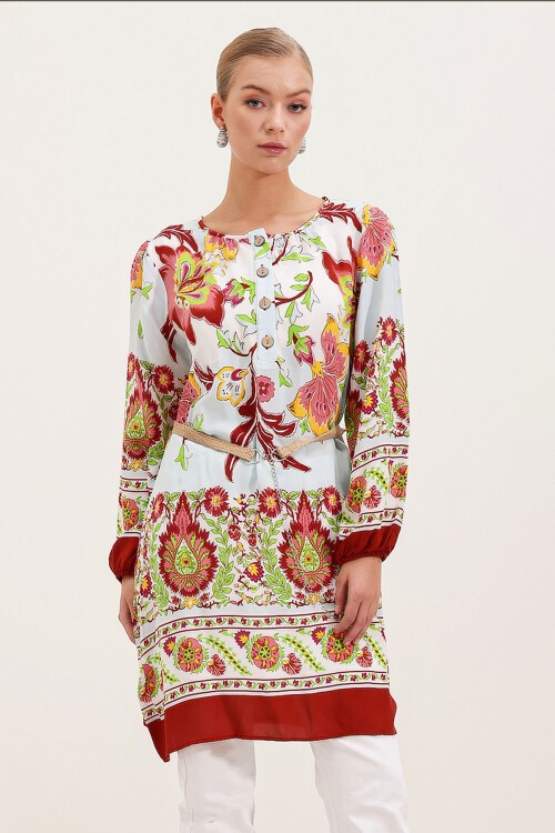 Merterium 5902 Kemerli Desenli Elbise - Bordo