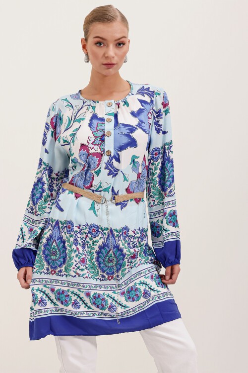 Merterium 5902 Kemerli Desenli Elbise - Saks