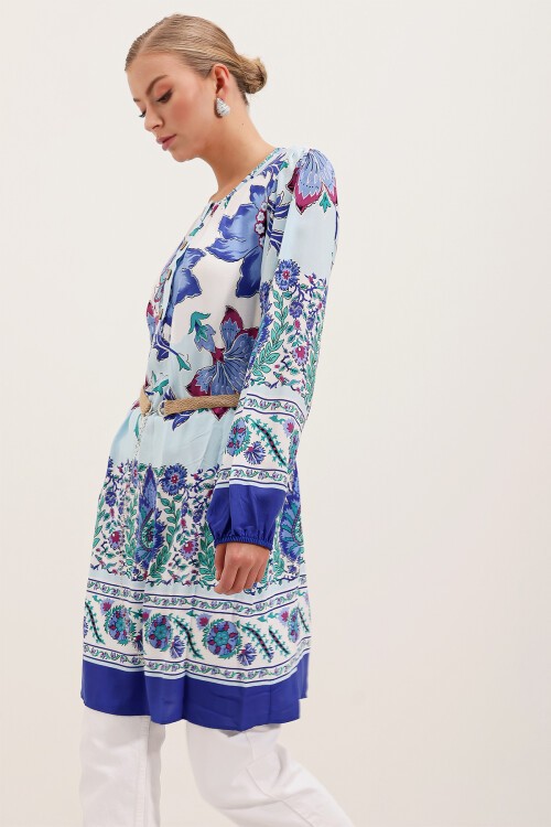 Merterium 5902 Kemerli Desenli Elbise - Saks