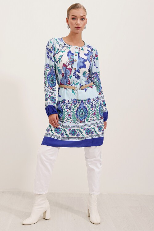 Merterium 5902 Kemerli Desenli Elbise - Saks