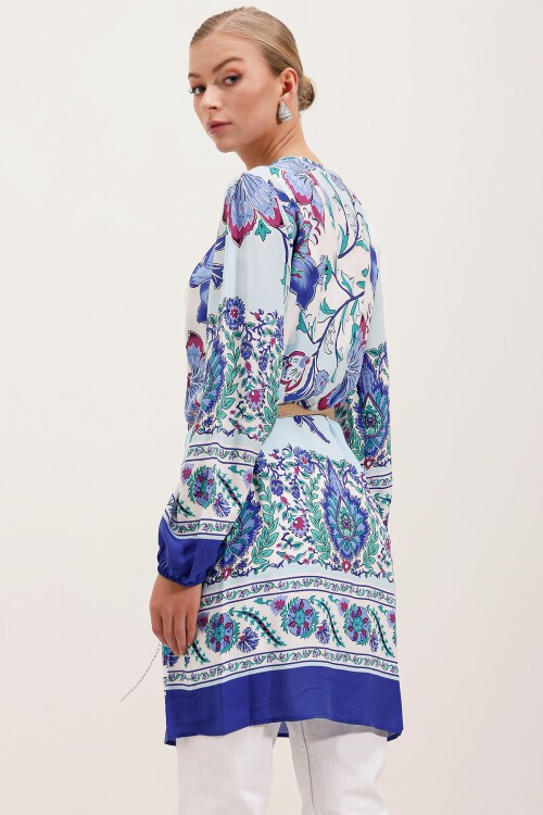 Merterium 5902 Kemerli Desenli Elbise - Saks