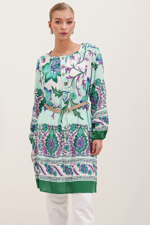 Merterium 5902 Kemerli Desenli Elbise - Yeşil