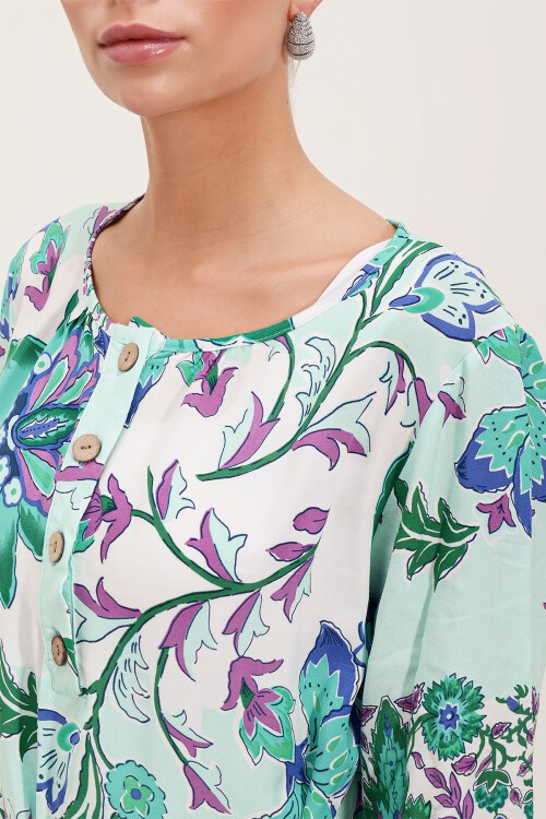 Merterium 5902 Kemerli Desenli Elbise - Yeşil