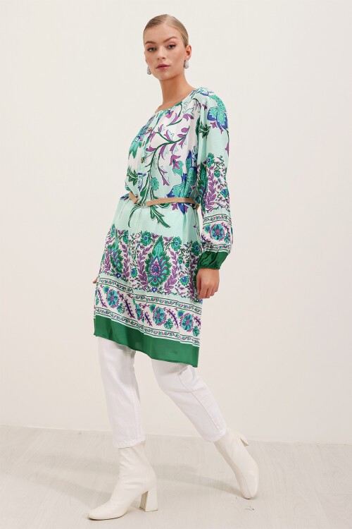 Merterium 5902 Kemerli Desenli Elbise - Yeşil