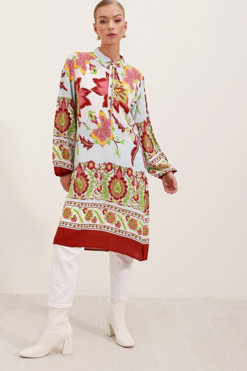 Merterium 5903 Desenli Viskon Elbise - Bordo