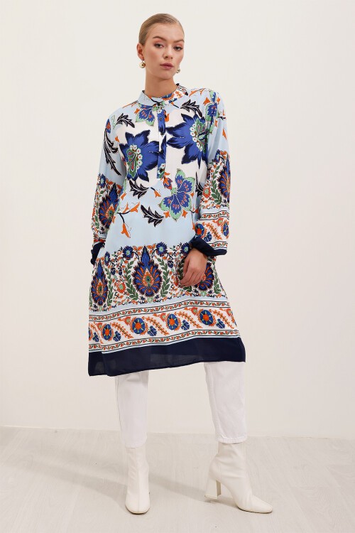 Merterium 5903 Desenli Viskon Elbise - Lacivert