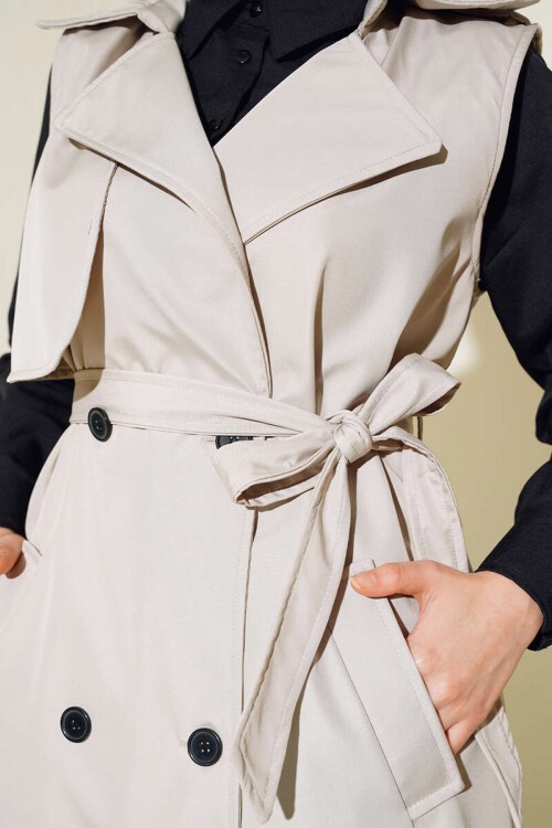 Merterium 5911 Kruvaze Yaka Trençkot Yelek - Bej