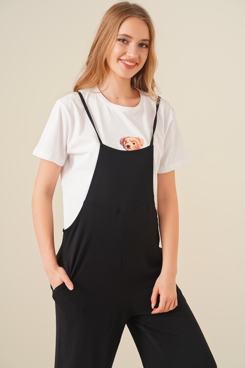 Merterium 7019 Askılı Bahçivan Tulum - Siyah