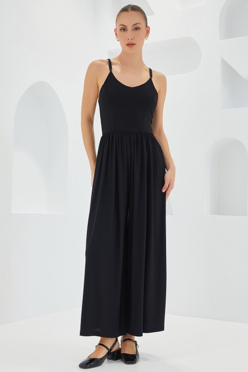 Merterium 7029 Bol Paça Askılı Tulum - Siyah