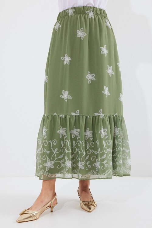 Merterium 8010 Desenli Şifon Etek - Haki