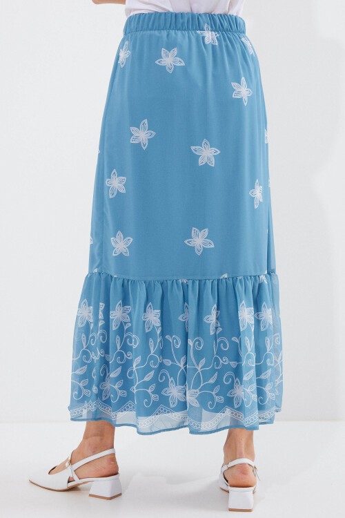 Merterium 8010 Desenli Şifon Etek - İndigo