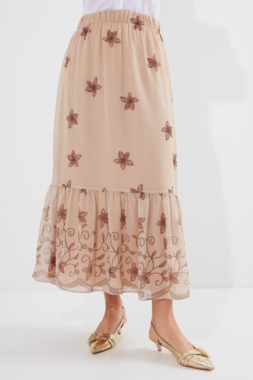 Merterium 8010 Desenli Şifon Etek - Vizon