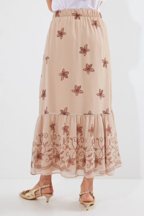 Merterium 8010 Desenli Şifon Etek - Vizon