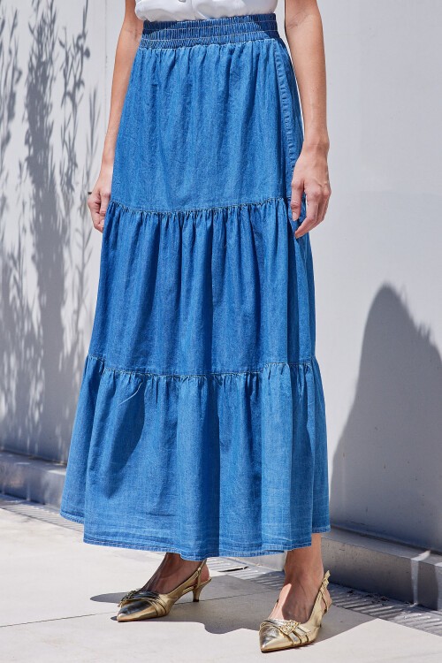 Merterium 8022 Volanlı Uzun Kot Etek - Lacivert