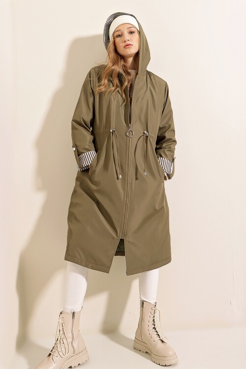 Merterium 9091 Beli Büzgülü Kapşonlu Trençkot - Haki