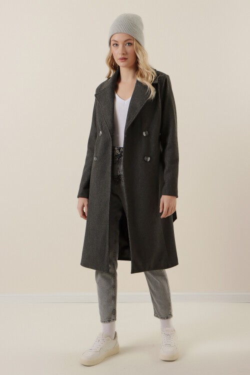 Merterium 9095 Kruvaze Yaka Kaşe Kaban - Füme