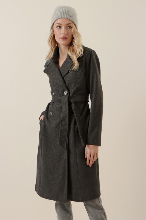 Merterium 9095 Kruvaze Yaka Kaşe Kaban - Füme