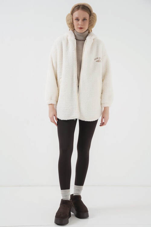 Merterium 9102 Oversize Kapüşonlu Beyaz Peluş Kaban