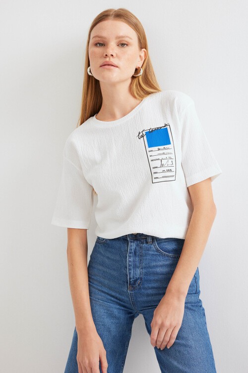 Merterium 911 Baskılı Örme Basic Tişört - Mavi