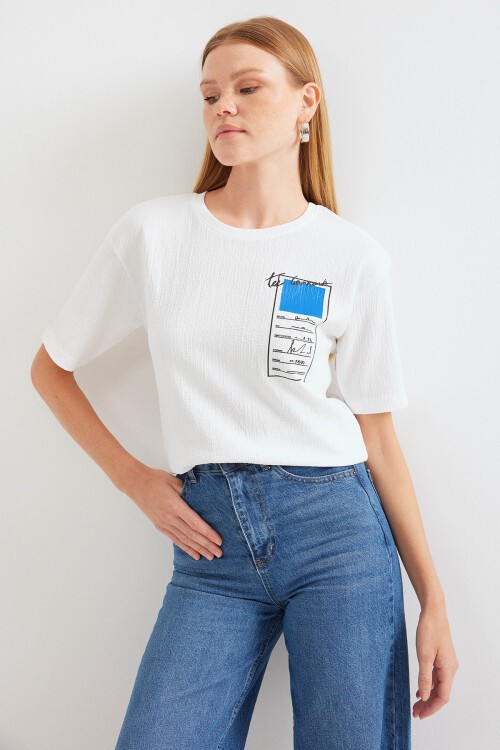 Merterium 911 Baskılı Örme Basic Tişört - Mavi