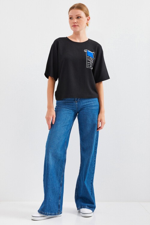 Merterium 911 Baskılı Örme Basic Tişört - Siyah