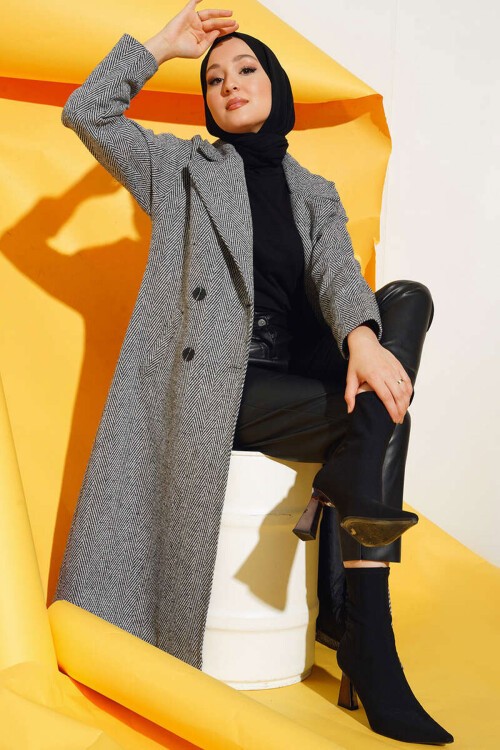 Merterium 9113 Oversize Geniş Kesim Yünlü Uzun Kaşe Kaban - Siyah