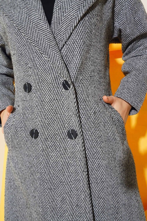 Merterium 9113 Oversize Geniş Kesim Yünlü Uzun Kaşe Kaban - Siyah