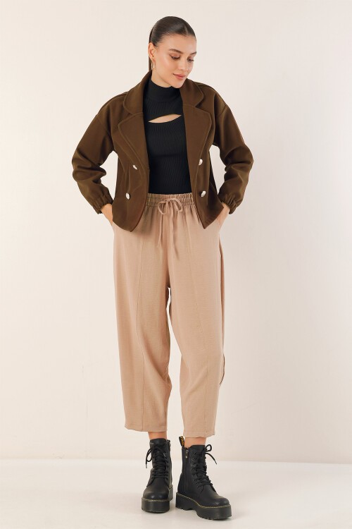 Merterium 9117 Kruvaze Yaka Crop Ceket - Kahverengi