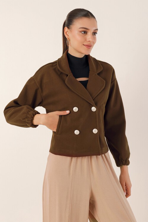 Merterium 9117 Kruvaze Yaka Crop Ceket - Kahverengi