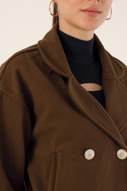 Merterium 9117 Kruvaze Yaka Crop Ceket - Kahverengi