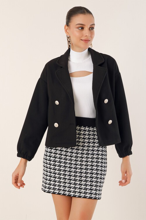 Merterium 9117 Kruvaze Yaka Crop Ceket - Siyah